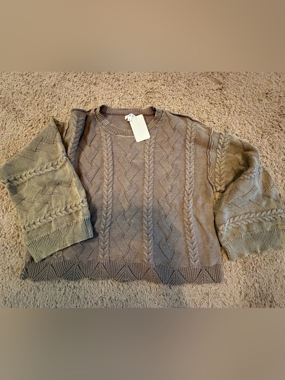 POL Cable-Textured Crewneck Sweater - Taupe